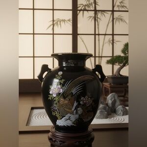 Vintage MCM Japanese Porcelain Urn Vase With Pheasants 8” Height